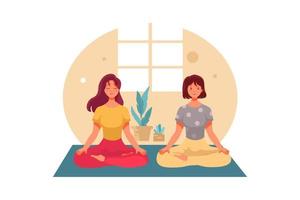 dos chicas hacen yoga en posición de loto en la habitación vector