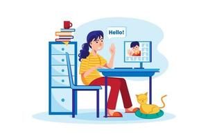 The woman learns communication skills in an online class. vector