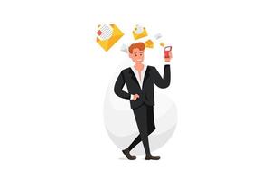 Businessman walk with a smartphone in hand and many e-mail letters follow him vector