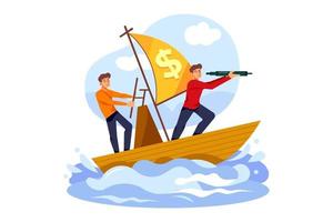 Businessmen on boat watching through telescope vector