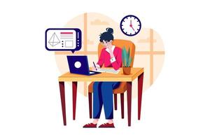 Young woman with glasses studying online vector