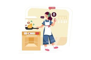 Woman listening to the podcast while cooking. vector