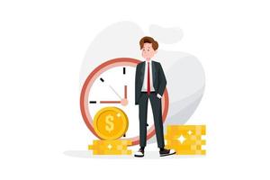 Happy businessman stands next to pile of coins and a big clock is behind him. Time is money concept. vector