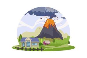 Natural disaster cartoon composition with round view of exploding volcano with smoke lava and living houses vector