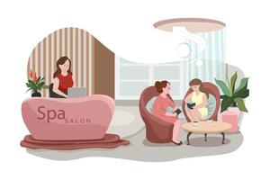 Beauty salon and spa reception. Beautiful female administrator standing at the counter. vector
