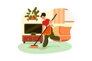 Cleaning man holding broom satisfied with a clean house