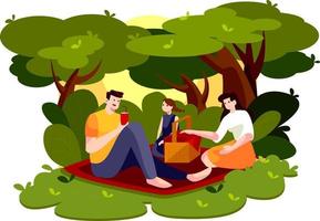 gente en un picnic al aire libre con comida y ocio de verano, familia en el césped cerca de los árboles y el río vector