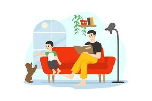 un hombre sentado en un sofá leyendo un libro mientras su hijo juega con su perro en casa durante la cuarentena vector