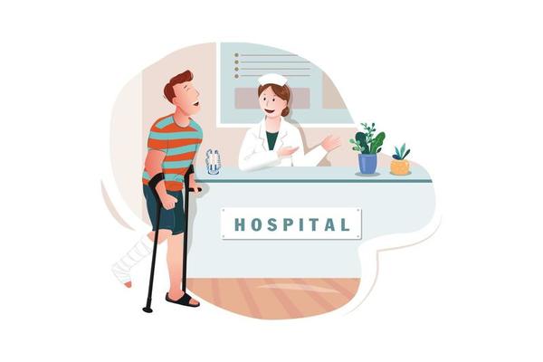 Young man with broken leg, bone in doctor s office at reception.