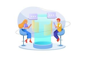 Teamwork of business analysts on holographic charts and diagrams of sales management statistics and operational reports vector