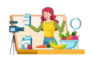 Young female recording video content on healthy food vector