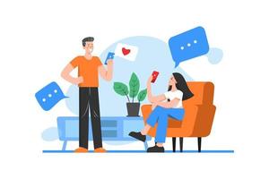 Two people are looking at the phone, texting and talking on social networks vector