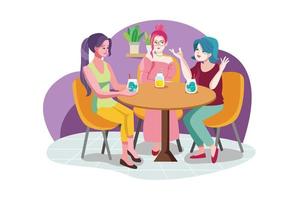 Smiling friends meeting and talking over a cup of coffee. vector