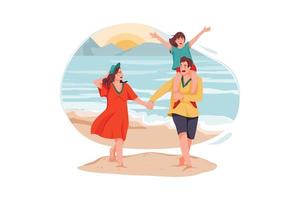 Happy family walking on the ocean beach vector