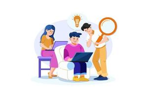 Digital marketing team with laptops and light bulb vector