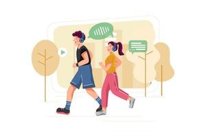 Couple listening to the podcast while jogging in the park. vector