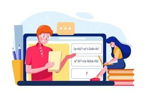 The girl learns online math tutoring illustration. vector