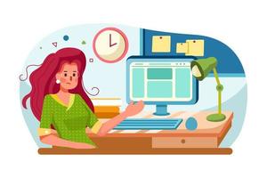 Cartoon girl manager working on computer with disheveled hair vector