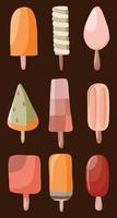 Set of vector different fruit popsicles and icecreams in pink and green colors on a dark brown background