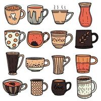 colección de tazas de garabatos en colores cálidos. conjunto vectorial de aislamiento de tazas sobre fondo blanco vector