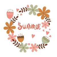 Summer card with floral wreath. Simple and cute poster hello summer with flowers in orange, green, pink colors. For invitations, banners, postcards design. Vector illustration