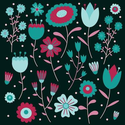 Seasonal colorful set of vector floral elements. summer collection of flowers and plants in bright colors.