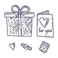 Set of vector blue doodle elements about love with hearts. Happy Valentine's Day background