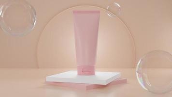 varias maquetas de envases cosméticos en blanco, tubo de crema de plástico.paquete de productos de belleza aislado sobre fondo rosa pastel.ilustración 3d foto