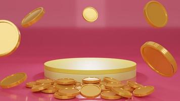 Gold Podium and coins stack, digital wallet. Shopping mobile app,coinsCashback and banking,money-saving,product display stage.Isolate background. 3D render photo