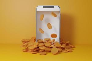 Gold coiuns on smartphone with yellow background,digital wallet. Shopping mobile app,coins Cashback and banking,money-saving.empty copy space,Isolate background.3D rendering illustration. photo