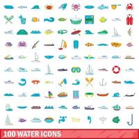 100 water icons set, cartoon style vector