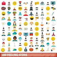 100 feeling icons set, flat style vector