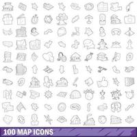 100 map icons set, outline style vector