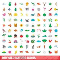 100 wild nature icons set, cartoon style vector