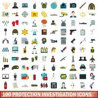 100 protection investigation icons set, flat style vector