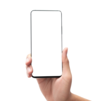 Hand holding smartphone with screen mockup png