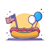 sabroso perrito caliente en el plato con la bandera del día de la independencia de estados unidos y la ilustración del icono del vector de dibujos animados de globos. concepto de icono de objeto de comida vector premium aislado. estilo de dibujos animados plana