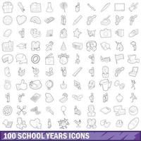 Conjunto de iconos de 100 años escolares, estilo de esquema vector