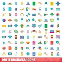100 it business icons set, cartoon style vector