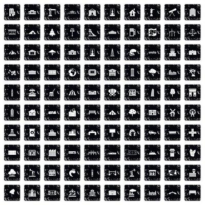 100 landscape element icons set, grunge style