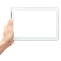 Hand holding tablet computer with screen mockup png