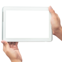 Hand holding tablet computer with screen mockup png