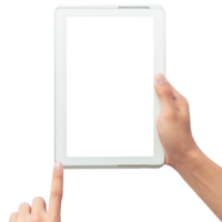 Hand holding tablet computer with screen mockup png