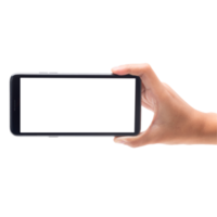 Hand holding smartphone with screen mockup png