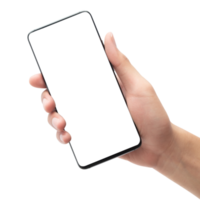 Hand holding smartphone with screen mockup png