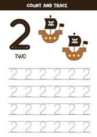 Tracing numbers worksheet with cute pirate elements. vector