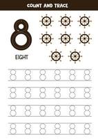 Tracing numbers worksheet with cute pirate elements. vector