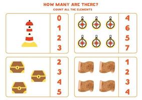 Counting game with cartoon pirate elements. Educational worksheet. vector