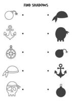 encuentra las sombras correctas de los elementos piratas en blanco y negro. rompecabezas lógico para niños. vector