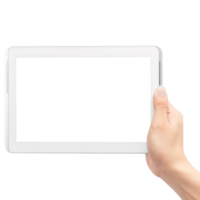 Hand holding tablet computer with screen mockup png